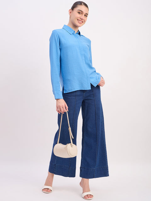 Madame Sky Blue Textured Rayon Full Sleeve Shirt