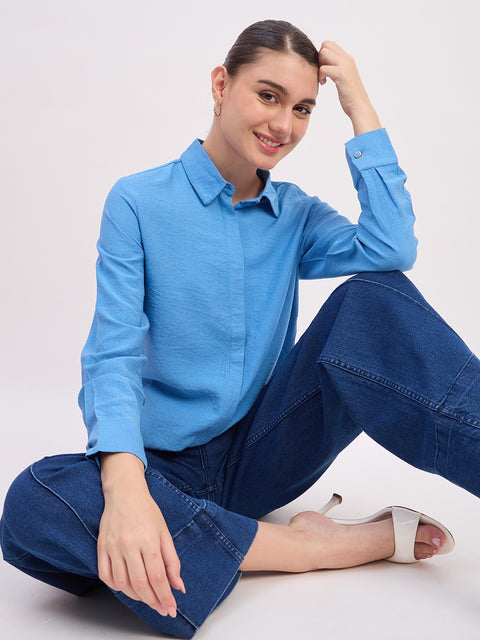 Madame Sky Blue Textured Rayon Full Sleeve Shirt