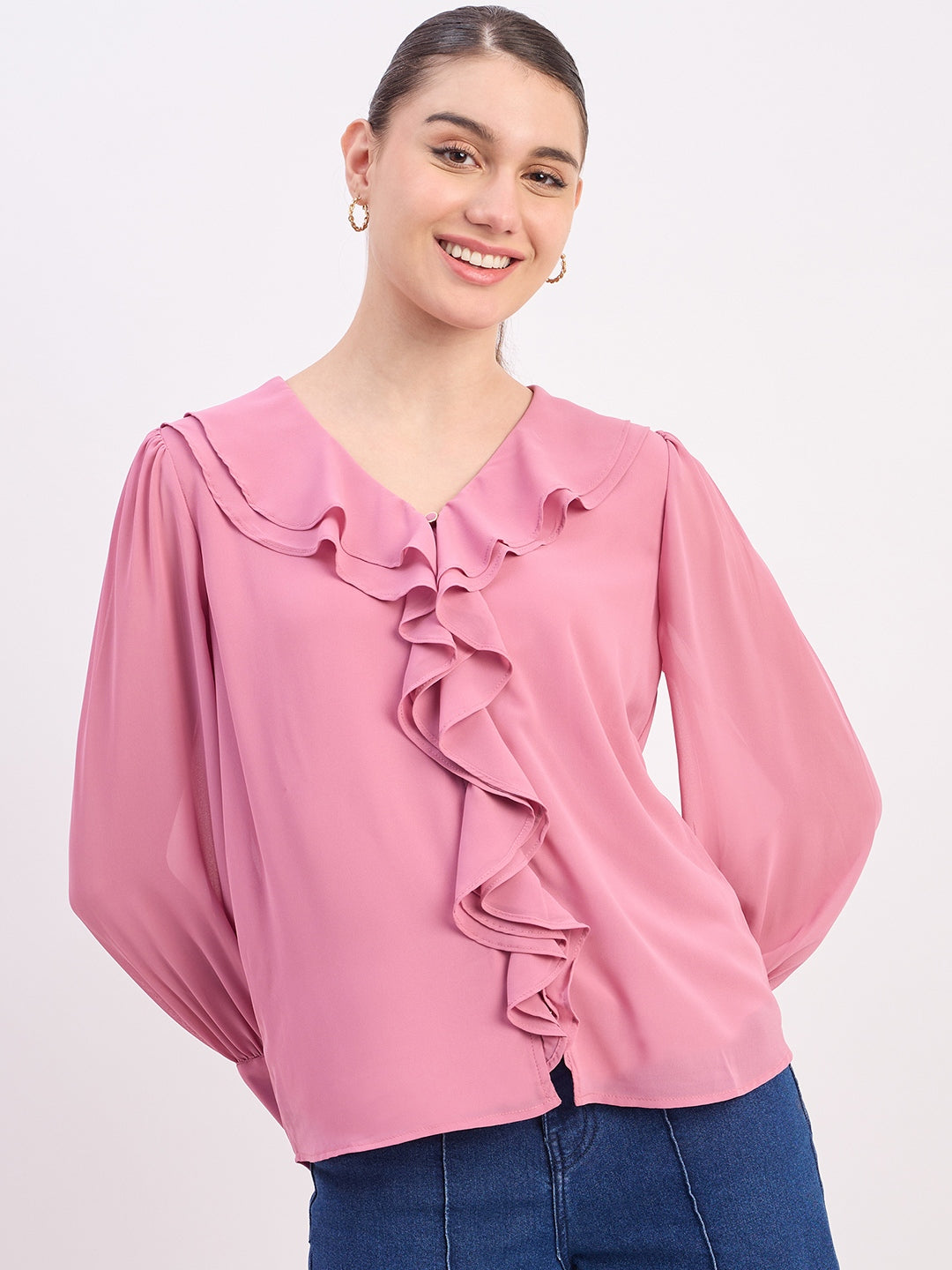 Madame Pink Ruffled V-Neck Full Sleeve Top color swatch