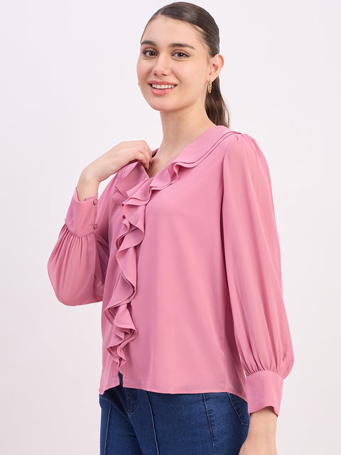 Madame Pink Ruffled V-Neck Full Sleeve Top