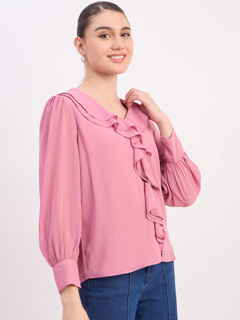 Madame Pink Ruffled V-Neck Full Sleeve Top