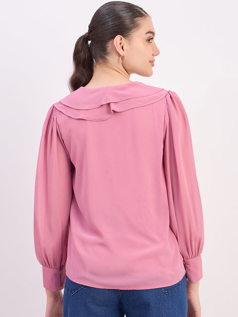 Madame Pink Ruffled V-Neck Full Sleeve Top