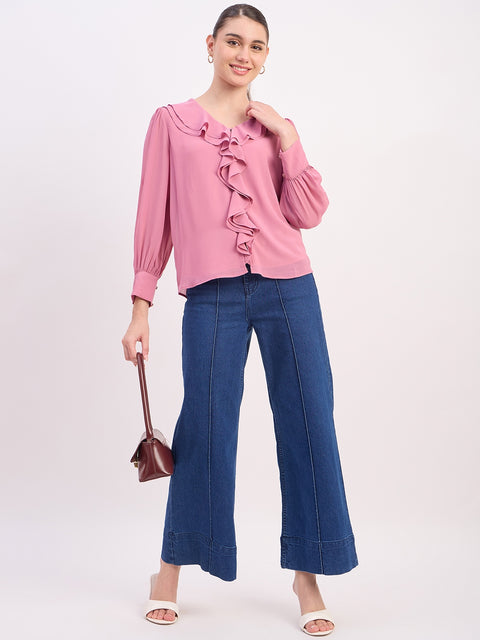 Madame Pink Ruffled V-Neck Full Sleeve Top