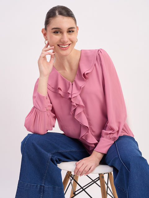 Madame Pink Ruffled V-Neck Full Sleeve Top