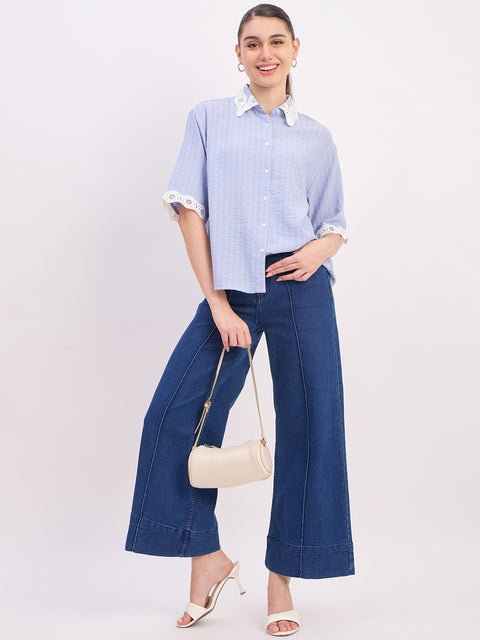 Madame Sky Blue Textured Linen Blend Half Sleeve Shirt