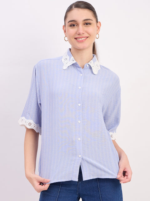 Madame Sky Blue Textured Linen Blend Half Sleeve Shirt