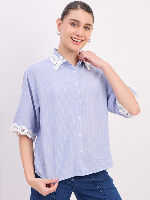 Madame Sky Blue Textured Linen Blend Half Sleeve Shirt