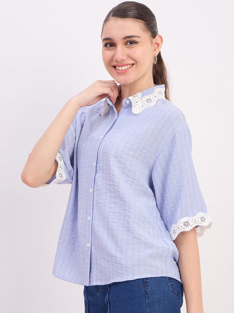 Madame Sky Blue Textured Linen Blend Half Sleeve Shirt