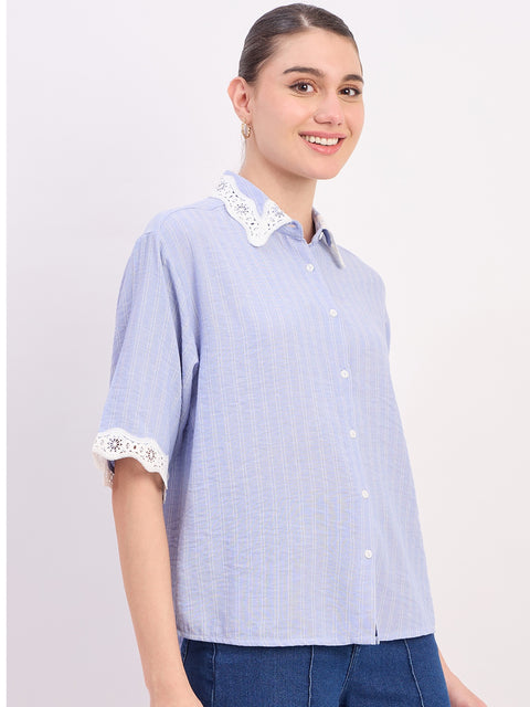 Madame Sky Blue Textured Linen Blend Half Sleeve Shirt