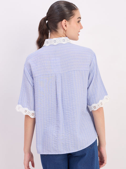 Madame Sky Blue Textured Linen Blend Half Sleeve Shirt