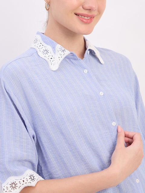 Madame Sky Blue Textured Linen Blend Half Sleeve Shirt