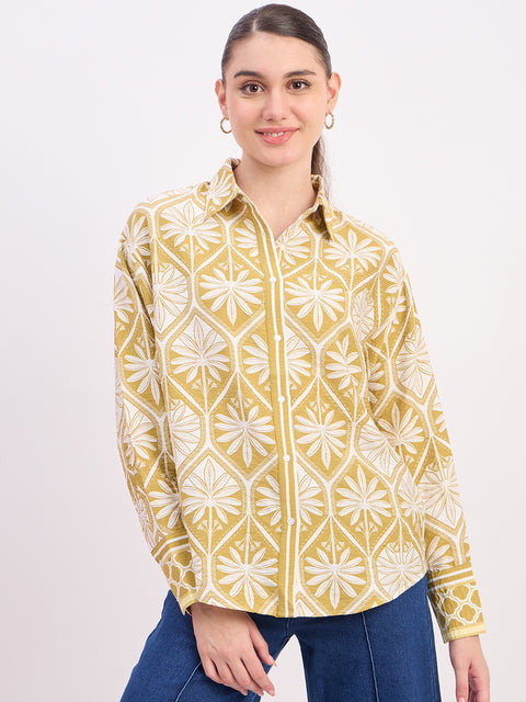 Madame Green Printed Rayon Full Sleeve Shirt
