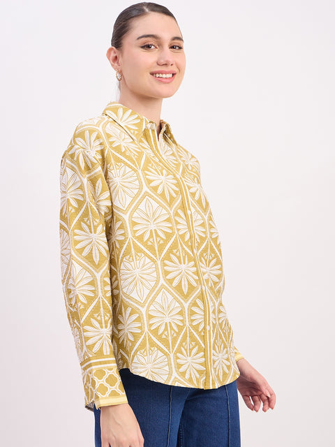 Madame Green Printed Rayon Full Sleeve Shirt
