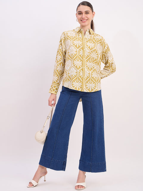 Madame Green Printed Rayon Full Sleeve Shirt