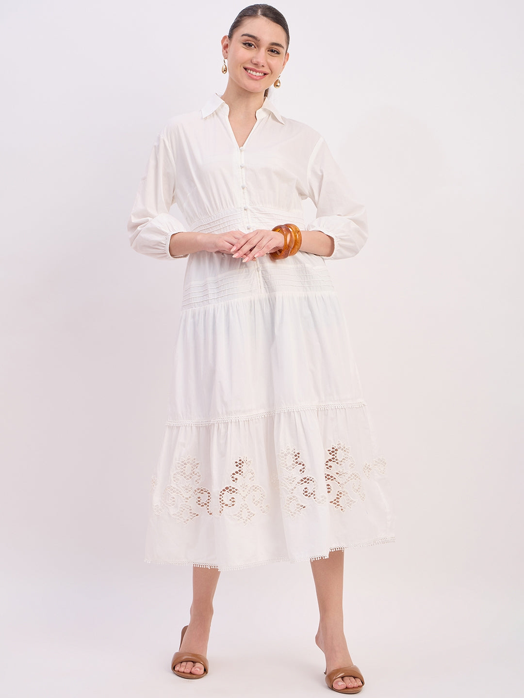 Madame Off White Embroidered Cotton Puff Sleeve Maxi Dress color swatch