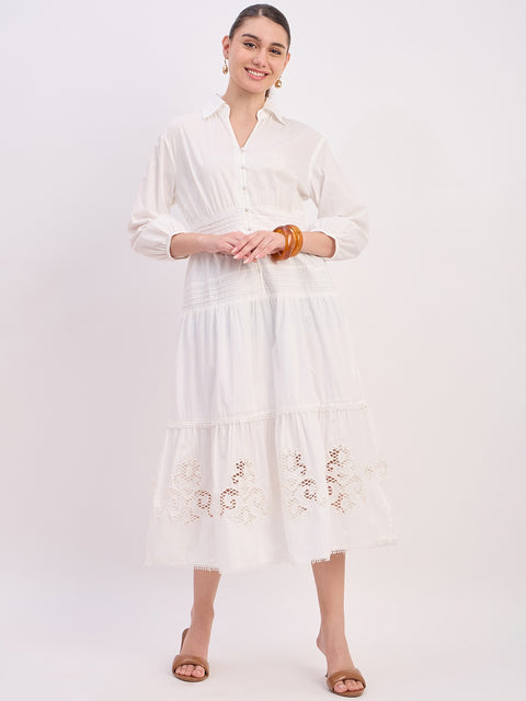 Madame Off White Embroidered Cotton Puff Sleeve Maxi Dress