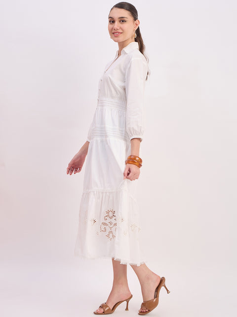 Madame Off White Embroidered Cotton Puff Sleeve Maxi Dress