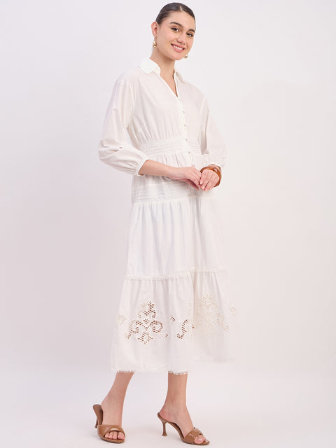Madame Off White Embroidered Cotton Puff Sleeve Maxi Dress