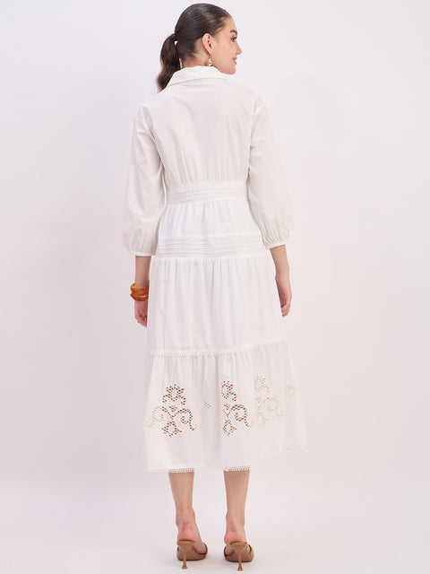 Madame Off White Embroidered Cotton Puff Sleeve Maxi Dress