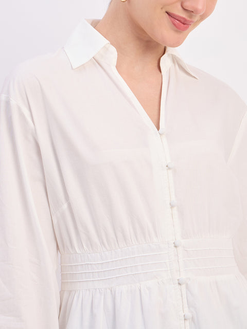 Madame Off White Embroidered Cotton Puff Sleeve Maxi Dress