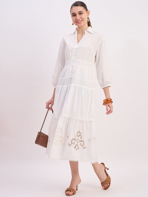 Madame Off White Embroidered Cotton Puff Sleeve Maxi Dress