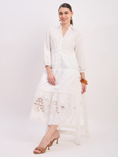 Madame Off White Embroidered Cotton Puff Sleeve Maxi Dress
