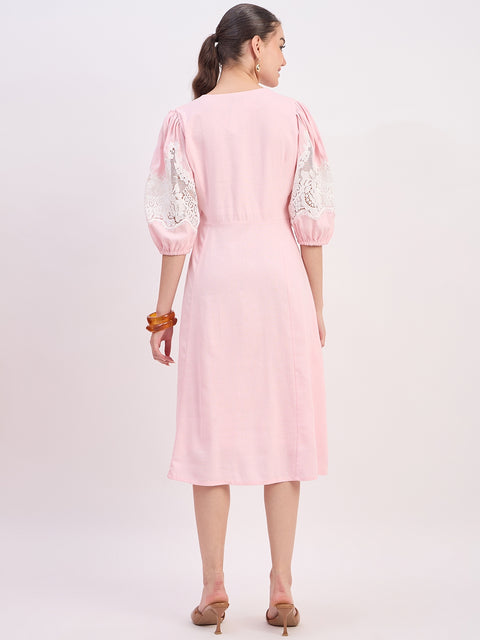Madame Powder Pink Rayon Linen Midi Dress