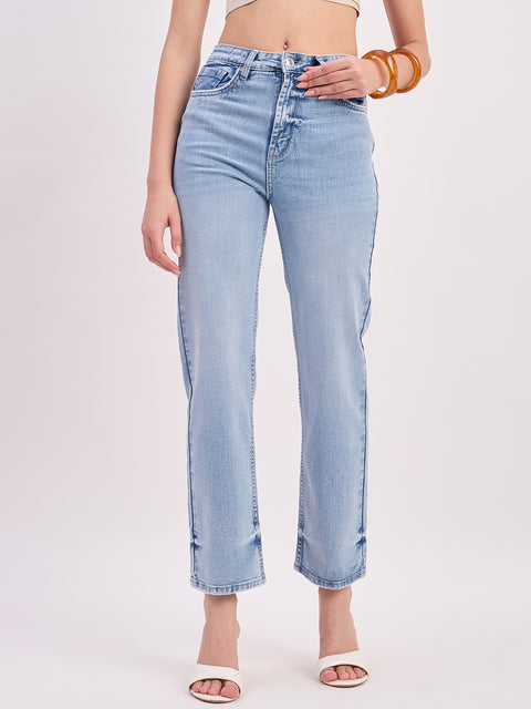 Madame Ice Blue Cotton Straight Fit Double Wash Cropped Jeans