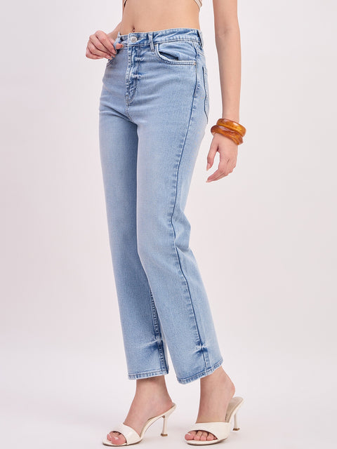 Madame Ice Blue Cotton Straight Fit Double Wash Cropped Jeans
