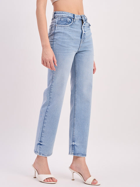 Madame Ice Blue Cotton Straight Fit Double Wash Cropped Jeans