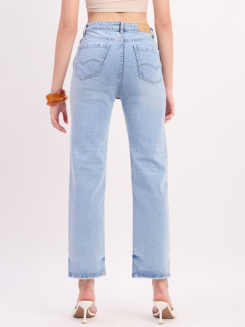 Madame Ice Blue Cotton Straight Fit Double Wash Cropped Jeans
