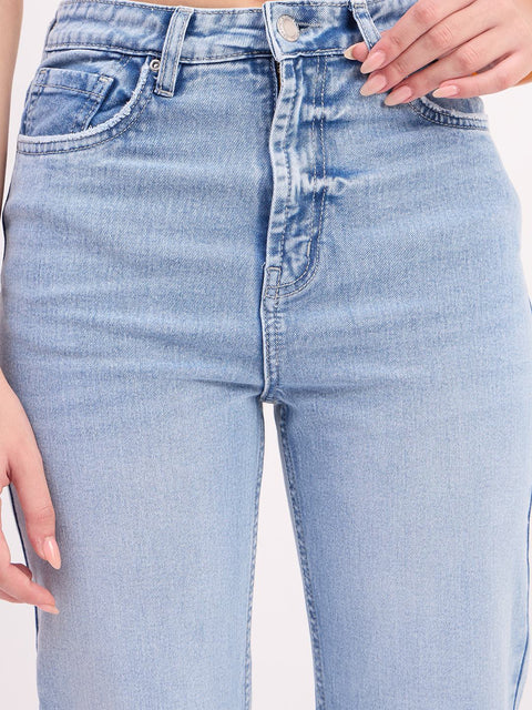 Madame Ice Blue Cotton Straight Fit Double Wash Cropped Jeans