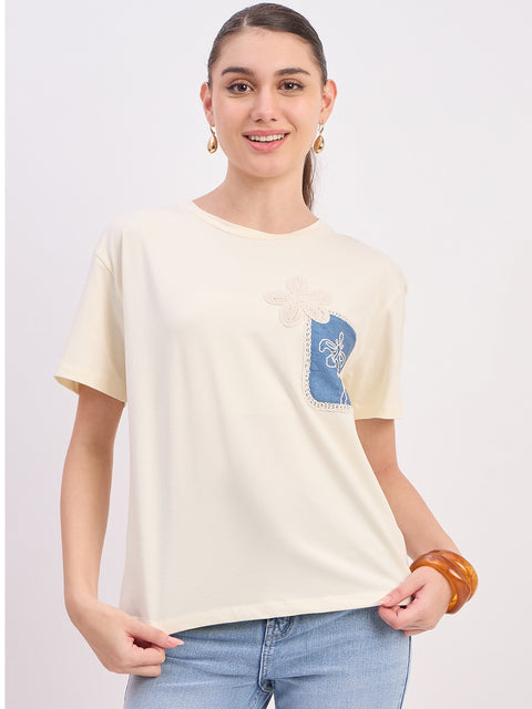 Madame Beige Printed Cotton Round Neck T-Shirt
