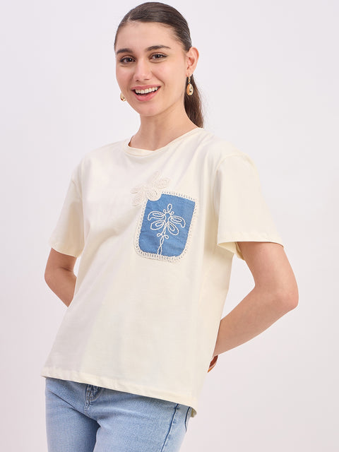 Madame Beige Printed Cotton Round Neck T-Shirt