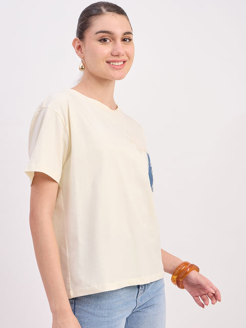 Madame Beige Printed Cotton Round Neck T-Shirt