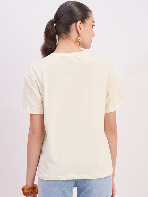 Madame Beige Printed Cotton Round Neck T-Shirt