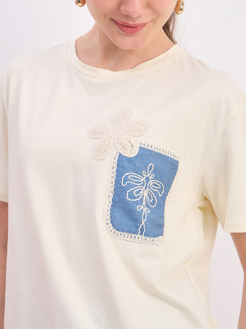 Madame Beige Printed Cotton Round Neck T-Shirt