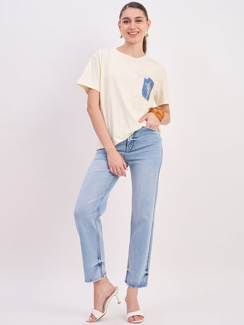 Madame Beige Printed Cotton Round Neck T-Shirt