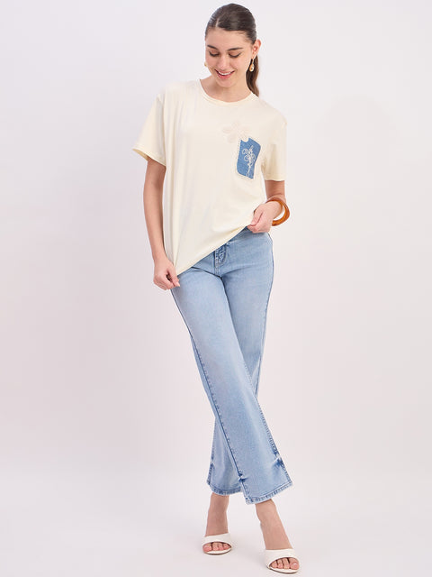Madame Ice Blue Cotton Straight Fit Double Wash Cropped Jeans