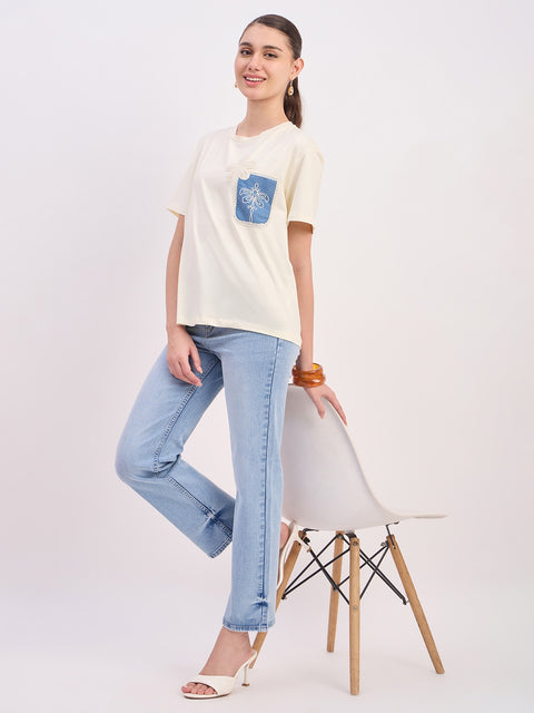Madame Ice Blue Cotton Straight Fit Double Wash Cropped Jeans