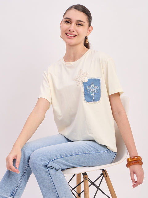 Madame Beige Printed Cotton Round Neck T-Shirt