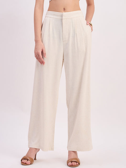 Madame Beige Rayon Linen Relaxed Fit Full Length Trousers
