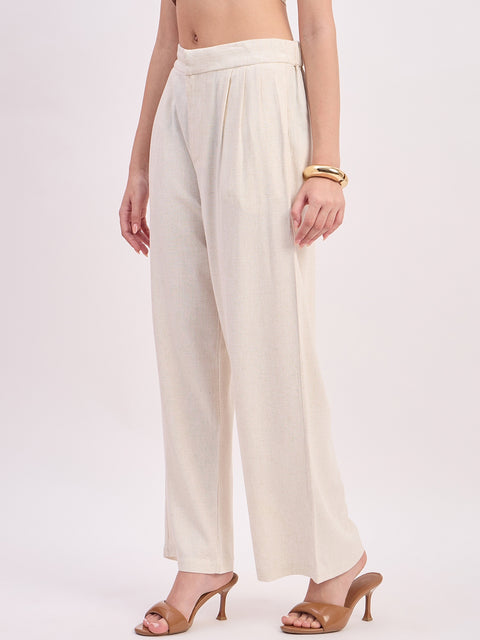 Madame Beige Rayon Linen Relaxed Fit Full Length Trousers