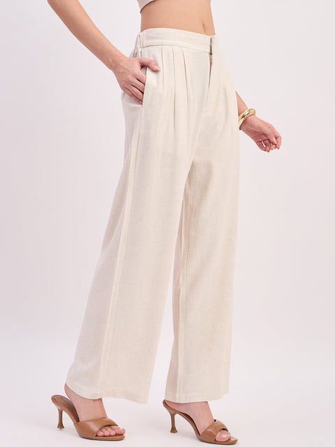 Madame Beige Rayon Linen Relaxed Fit Full Length Trousers