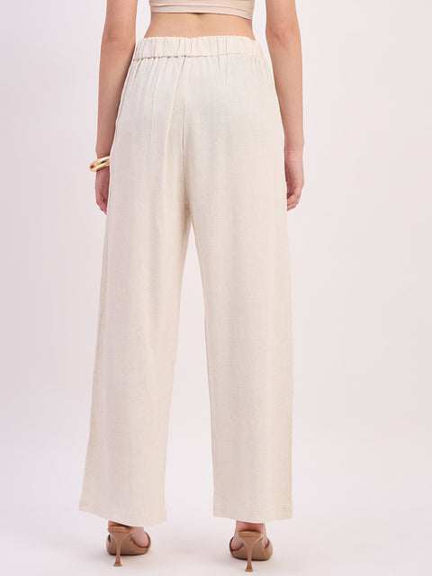 Madame Beige Rayon Linen Relaxed Fit Full Length Trousers