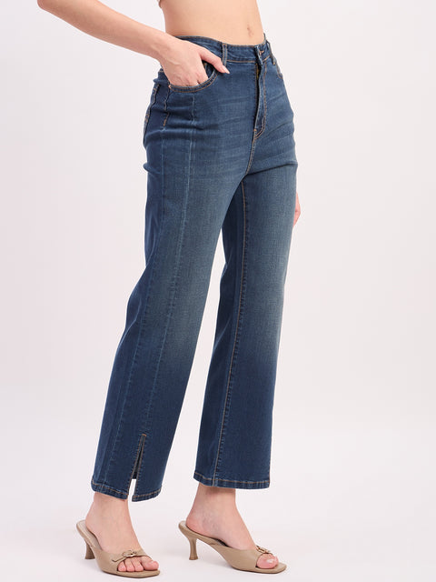 Madame Steel Blue BCI Cotton Whiskered Straight Fit Cropped Jeans
