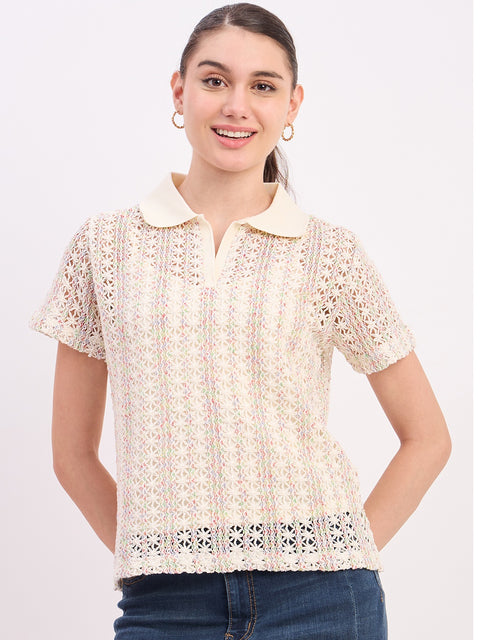 Madame Off White Textured Cotton Polo Neck T-Shirt