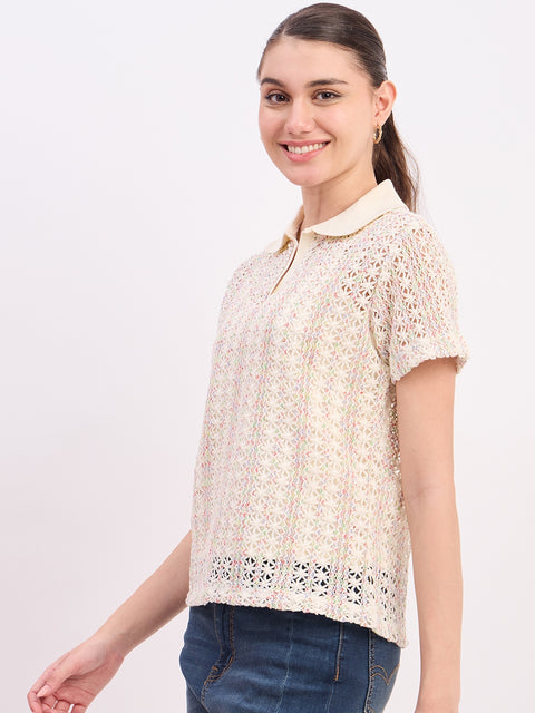 Madame Off White Textured Cotton Polo Neck T-Shirt