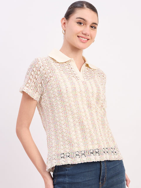Madame Off White Textured Cotton Polo Neck T-Shirt