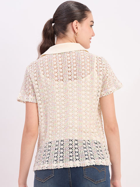 Madame Off White Textured Cotton Polo Neck T-Shirt